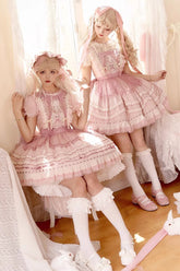 Robe Lolita à manches courtes avec imprimé lapin rose, rêve doux, nœud à volants et dentelle